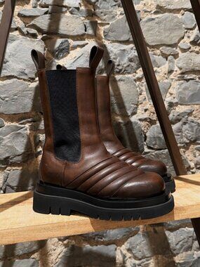 Bottega Veneta Brown Chevron Quilted Chelsea Lug Boots